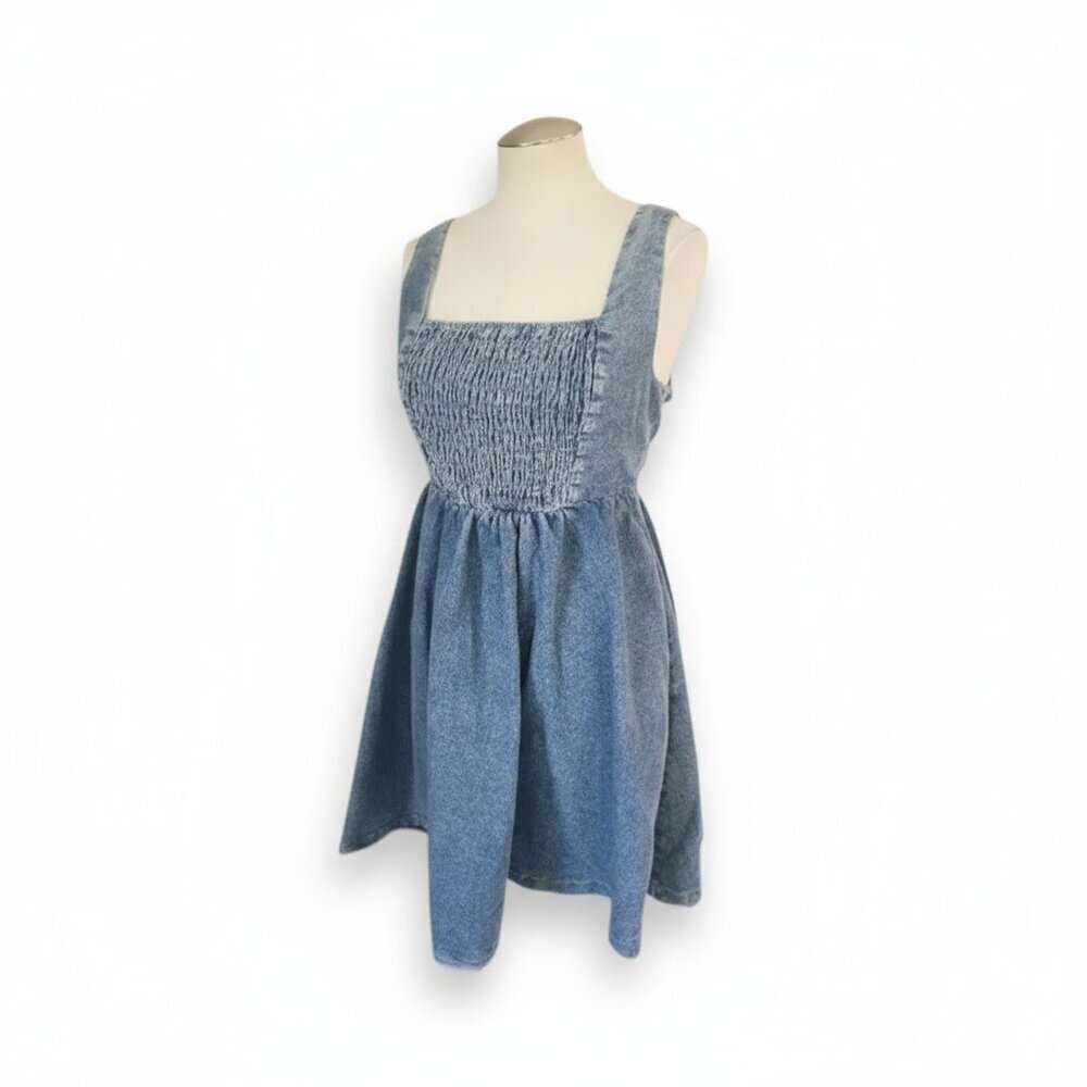 Mittoshop Blue Smocked Bodice Mini Dress Size Medium Rayon Blend Lined